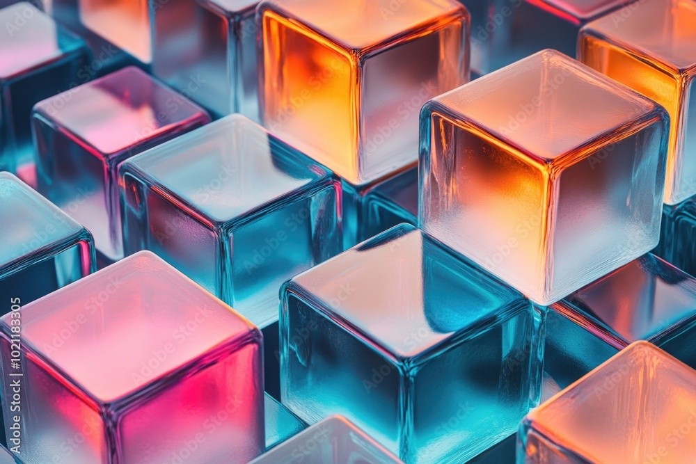 Poster glass cubes stacked on top of each other, transparent and shiny