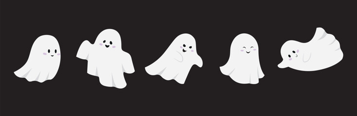 ghosts set vector illustration isolated on black background, cute ghosts collection for halloween decoration,banner,cards,invitation,background