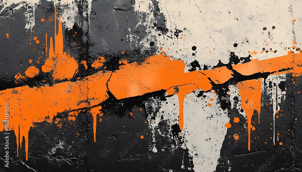 Aufkleber A vibrant abstract art piece featuring black, white, and splashes of orange paint, creating an energetic and dynamic visual effect.