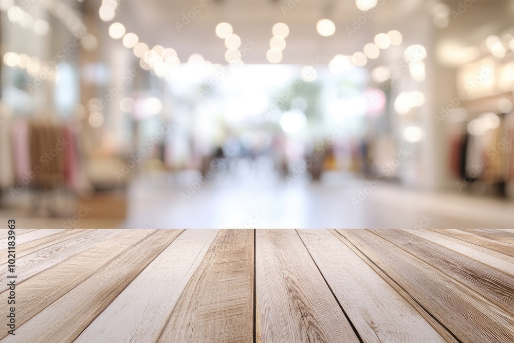 Poster a wooden table in a retail setting with a blurred background