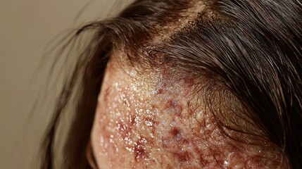 Naklejka premium A detailed close-up image of psoriasis on the scalp, showcasing redness, peeling, and crusting on an unrecognizable