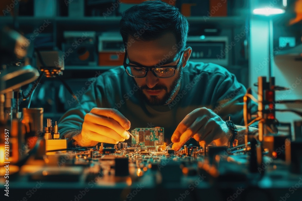 Poster a person works on a circuit board in a dimly lit room, focus on the task