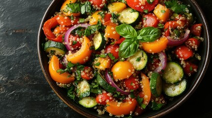 Colorful roasted vegetable quinoa salad with bell peppers, zucchini, and red onions, tossed with a lemon-tahini dressing
