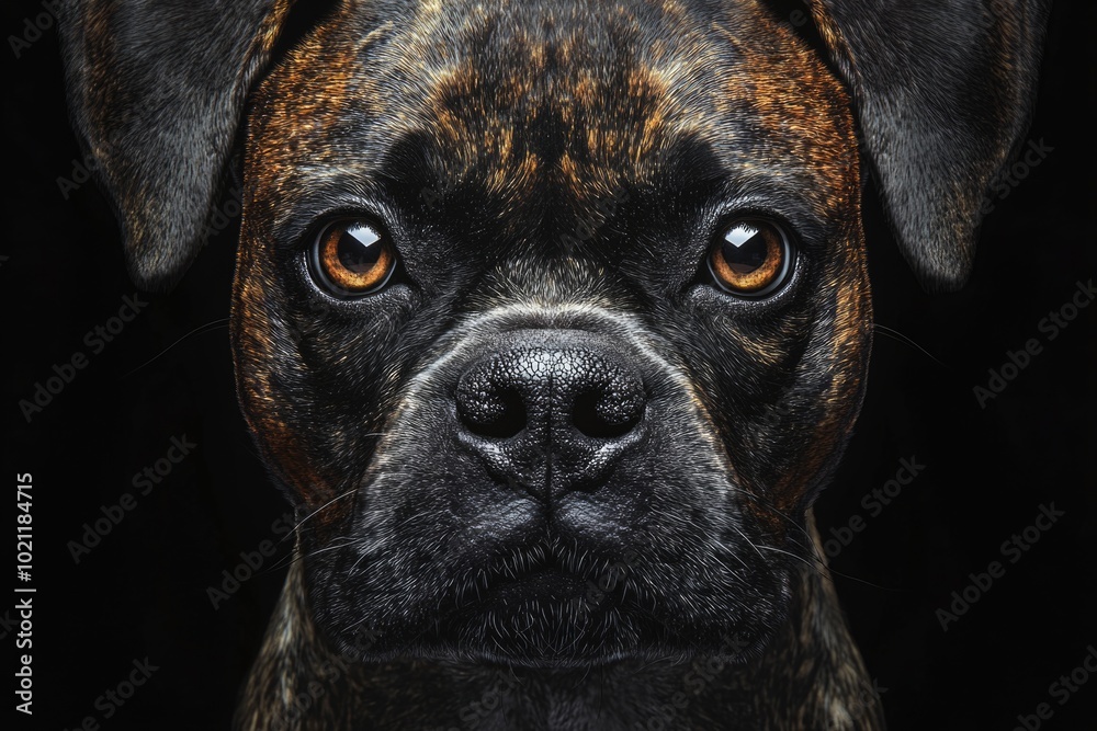 Poster Close-up of a dog's face on a dark or black background, great for pet-related uses