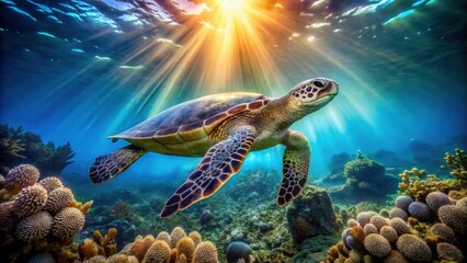 Majestic sea turtle swimming gracefully in vibrant coral reef with sunlight filtering through