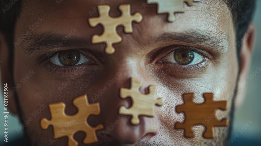Poster a person wearing a puzzle piece as part of their facial expression, conveying a sense of being 'one 