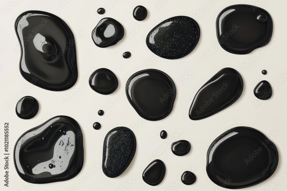 Poster a collection of dark-colored rocks and small stones on a clean white surface, great for use in desig
