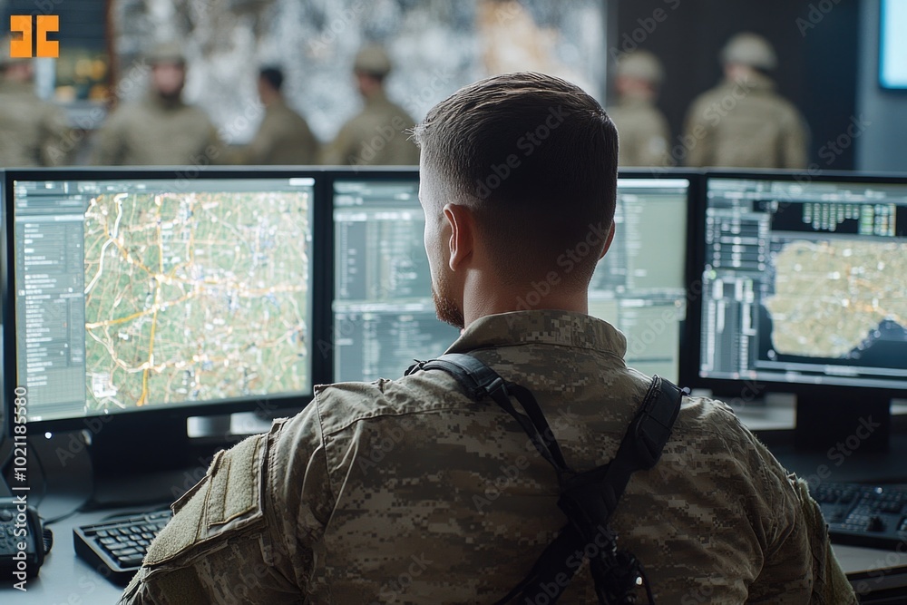 Poster a man in a military uniform sits in front of two computer monitors, focused on his work