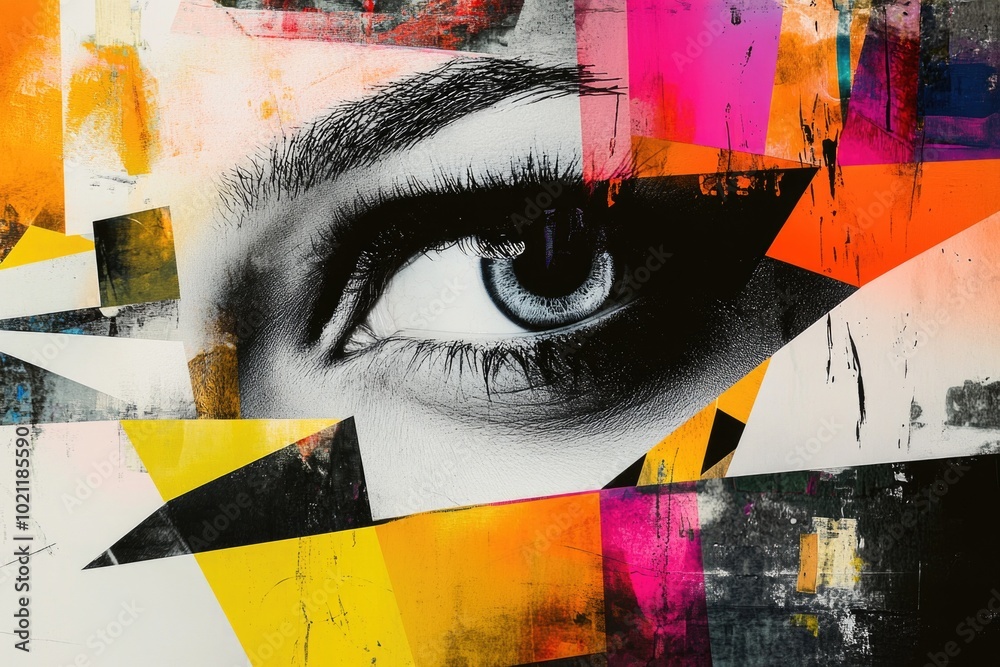 Poster a close-up view of an eye with colorful squares, useful for digital art or graphic design