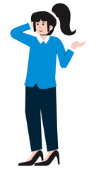 Long hair ponytail girl in formal blue suit. Colored HD illustration SVG format vector graphic, editable 5 colors.