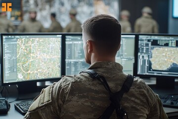 A man in a military uniform sits in front of two computer monitors, focused on his work