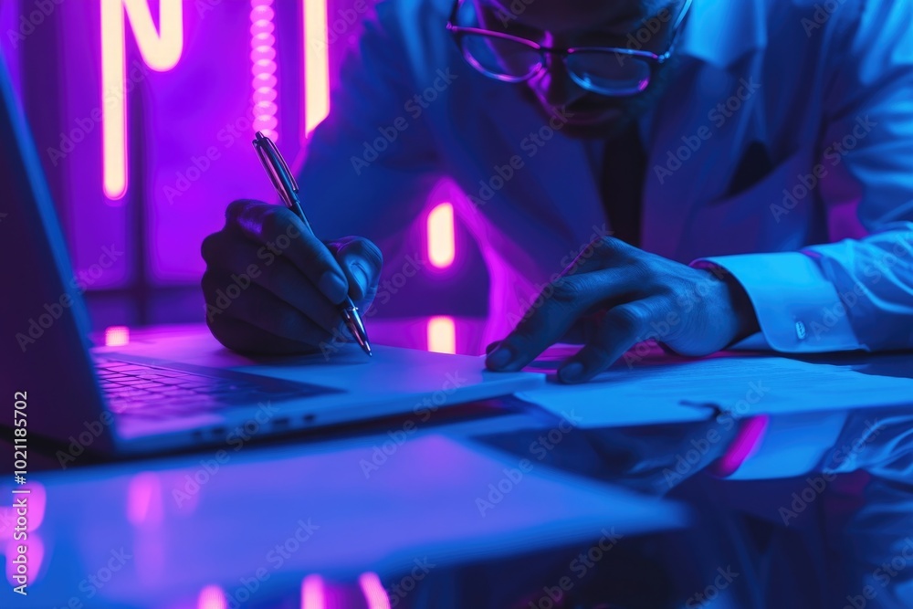 Poster a person writes notes by hand next to an open laptop, possibly referencing digital content or resear