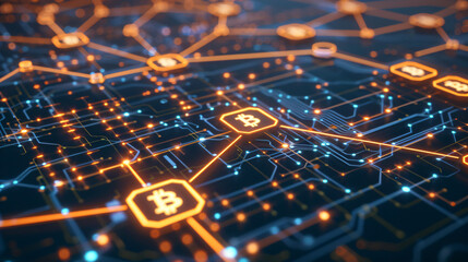 digital representation of the Bitcoin, technology, circuit, computer, board, design, electronic, circuit board, tech, chip, digital, motherboard, blue, electronics, blueprint, communication, processor