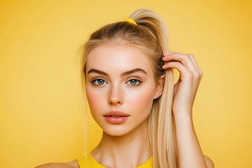 Fototapeta premium A woman with bright blonde hair and a yellow shirt, standing or posing in a neutral background