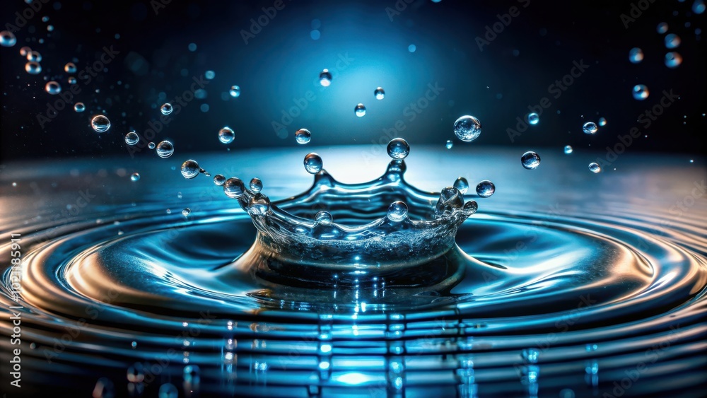 Poster water splash with droplets creating ripples in dark background and dramatic lighting