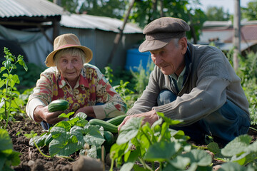 Elderly pensioners at their dacha are engaged in agricultural work, harvesting cucumbers in the garden, realistic photo