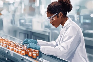 A woman wearing a lab coat and goggles works on a conveyor belt, surrounded by machinery