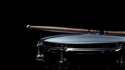 Obraz premium A dramatic close-up of a snare drum featuring a pair of drumsticks, creating an artistic composition on a copy space black background,