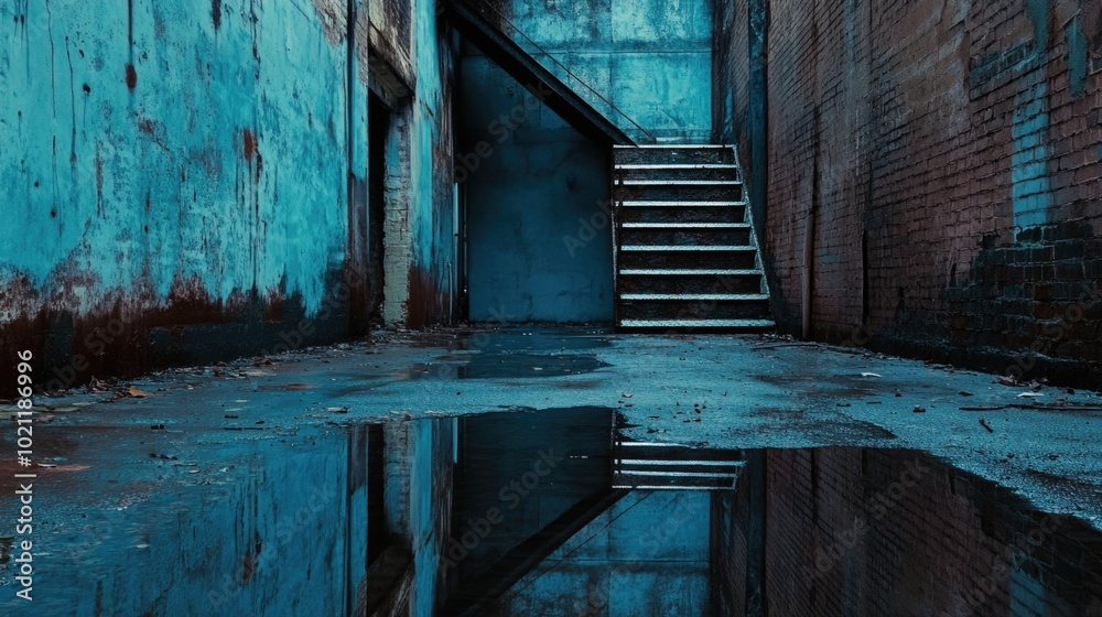 Poster A staircase reflected in a puddle of water, great for use in architecture or design images