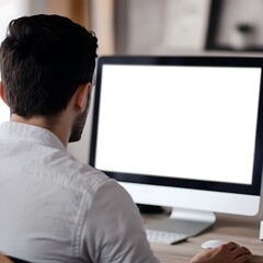 A person sitting at a desk, facing a blank computer screen, suggesting work or contemplation.