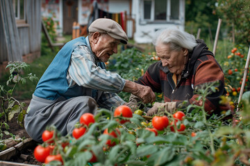 Elderly pensioners at their dacha doing agricultural work, harvesting tomatoes in the garden, realistic photo