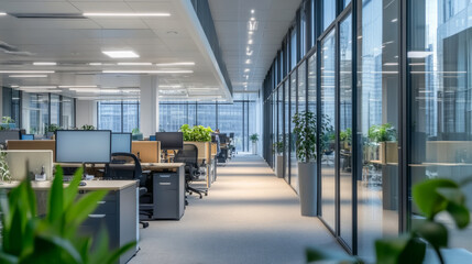 Obraz premium Office focused on energy efficiency, with employees using eco-friendly equipment, energy-saving lighting, and motion sensors