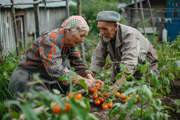 Elderly pensioners at their dacha doing agricultural work, harvesting tomatoes in the garden, realistic photo