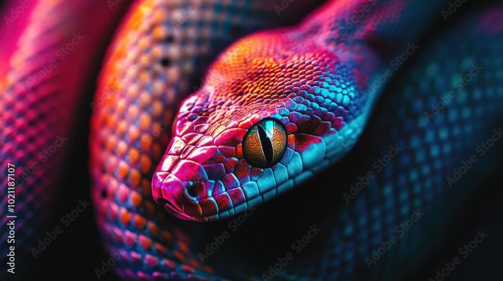 Poster a close-up shot of a colorful snake's head, with vibrant scales and a curious expression