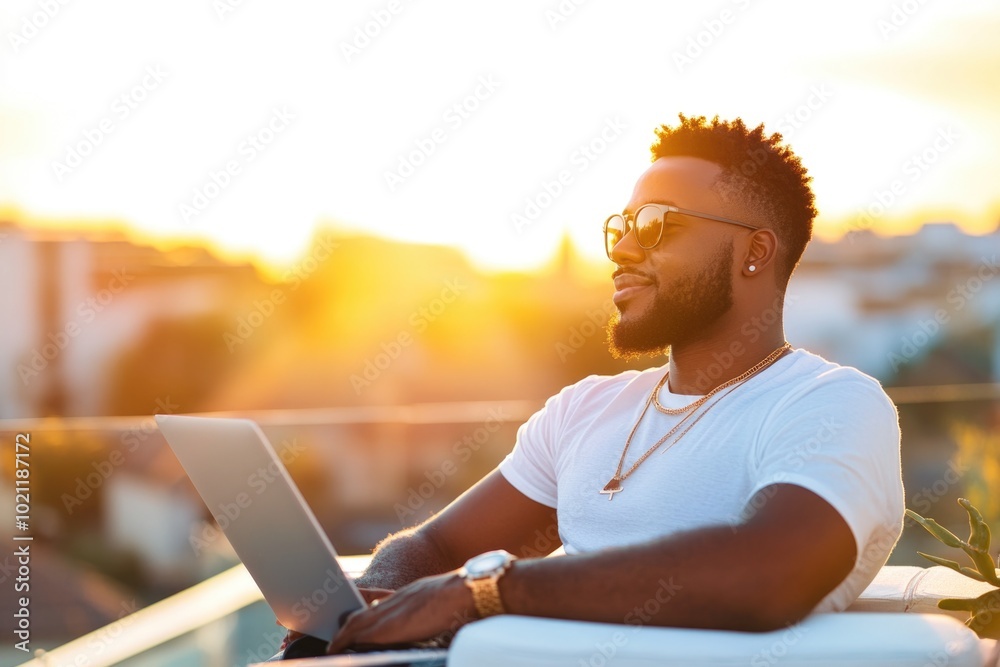 Poster a person using a laptop on a balcony with a cityscape in the background