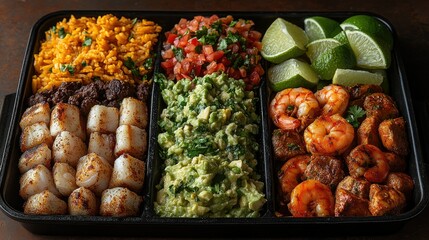 Colorful taco platter with assorted fillings of beef, chicken, and shrimp, topped with fresh salsa, guacamole, and lime wedges