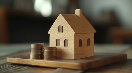 A wooden house model beside stacks of coins, symbolizing real estate investment and finance.