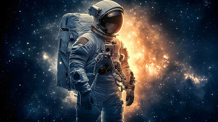 Fototapeta premium A lone astronaut stands in the vast emptiness of space, a nebula blazing behind them as a testament to the power and beauty of the universe.