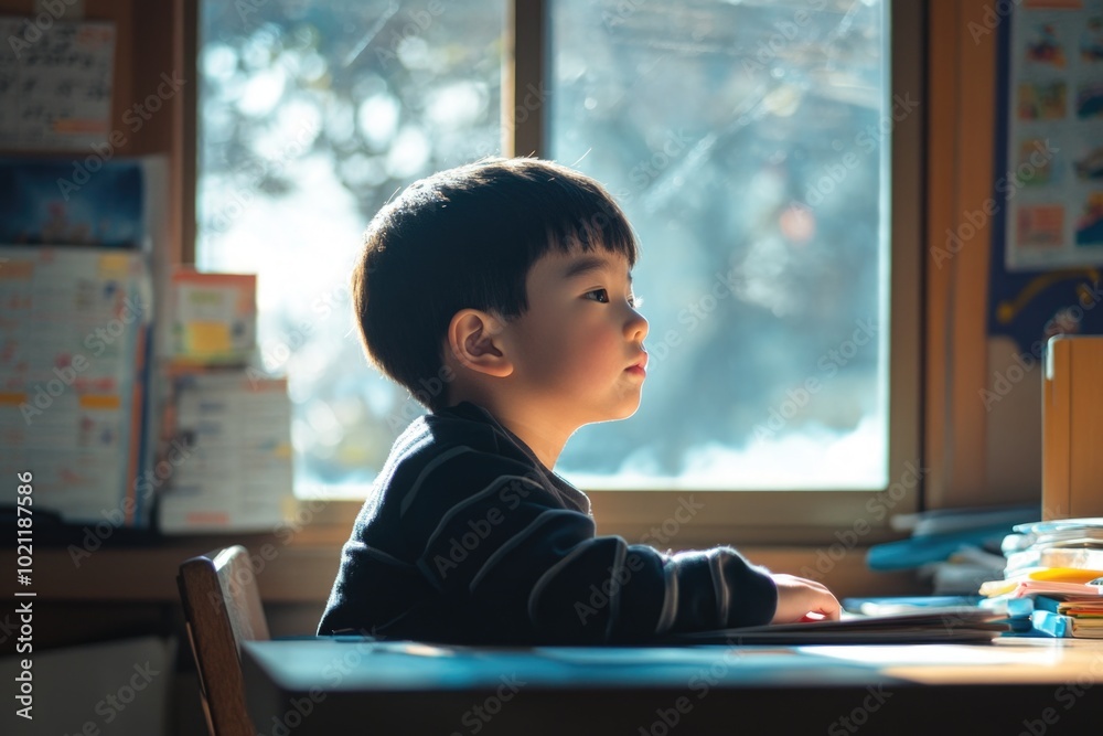 Poster a young boy sits at a desk in front of a window, perhaps studying or doing homework