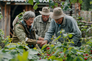 Fototapeta premium Elderly pensioners at their dacha are engaged in agricultural activities, harvest raspberries in the garden, realistic photo