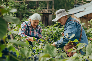 Fototapeta premium Elderly pensioners at their dacha are engaged in agricultural activities, harvest blueberries in the garden, realistic photo