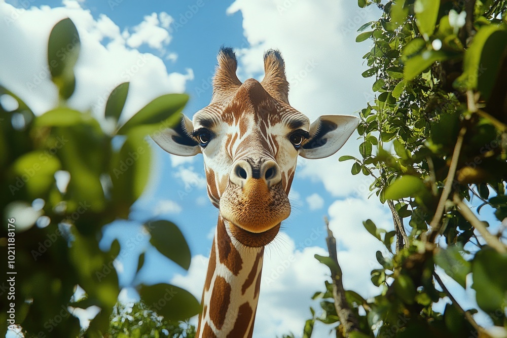 Poster a close-up view of a giraffe's head and neck, looking directly at the camera
