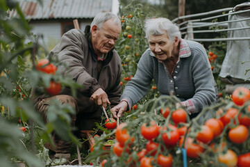 Elderly pensioners at their dacha doing agricultural work, harvesting tomatoes in the garden, realistic photo