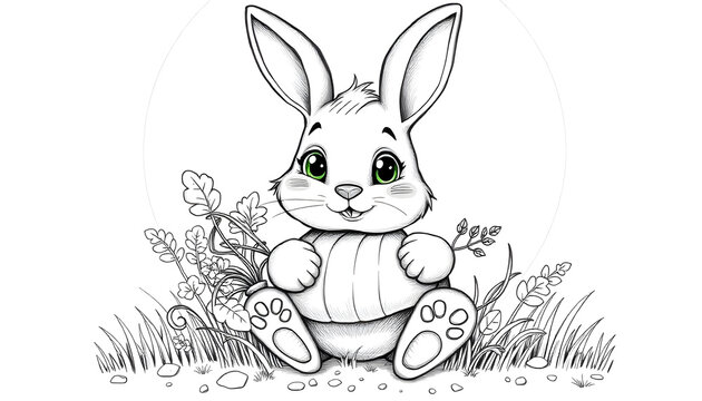 coloring book black and white illustration charming bunny rabbit