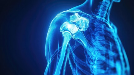 A glowing blue representation of a shoulder joint on an X-ray image, emphasizing the concept of shoulder pain