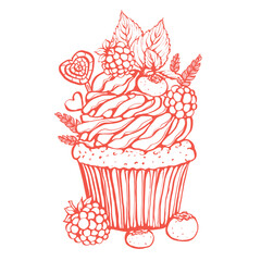Vector hand drawn illustration of cupcake with cream, candy, blackberry and blueberry and cream.