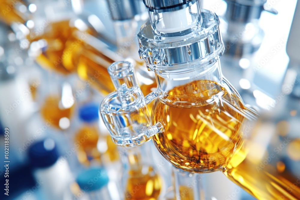 Poster a close-up view of a bottle filled with a clear liquid, ideal for use in product or pharmaceutical i