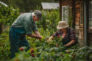Fototapeta premium Elderly pensioners at their dacha are engaged in agricultural activities, harvest raspberries in the garden, realistic photo