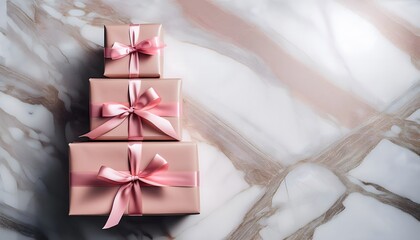Stack of beautifully wrapped gift boxes with pink ribbons on a luxurious marble background, perfect for weddings