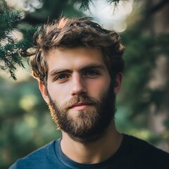 Fototapeta premium A portrait of a young man with a beard, surrounded by greenery, conveying a serene and natural atmosphere.