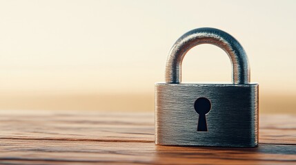 Fototapeta premium A silver lock with a keyhole on a wooden table