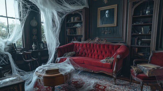 A hauntingly beautiful Victorian living room featuring cobwebs, red velvet upholstery, and vintage decor,