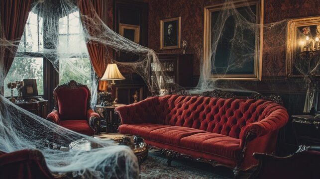 A hauntingly beautiful Victorian living room featuring cobwebs, red velvet upholstery, and vintage decor,