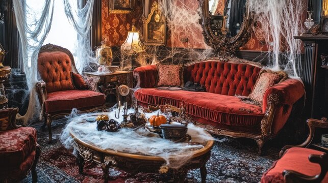 A hauntingly beautiful Victorian living room featuring cobwebs, red velvet upholstery, and vintage decor,