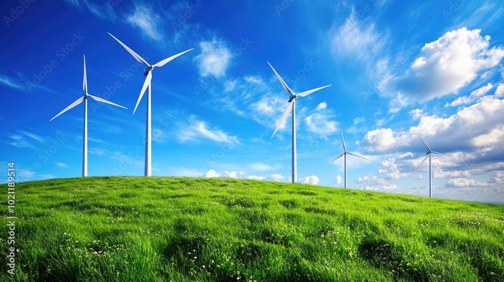 Poster a serene landscape featuring a field of green grass and windmills in the distance, suitable for use 