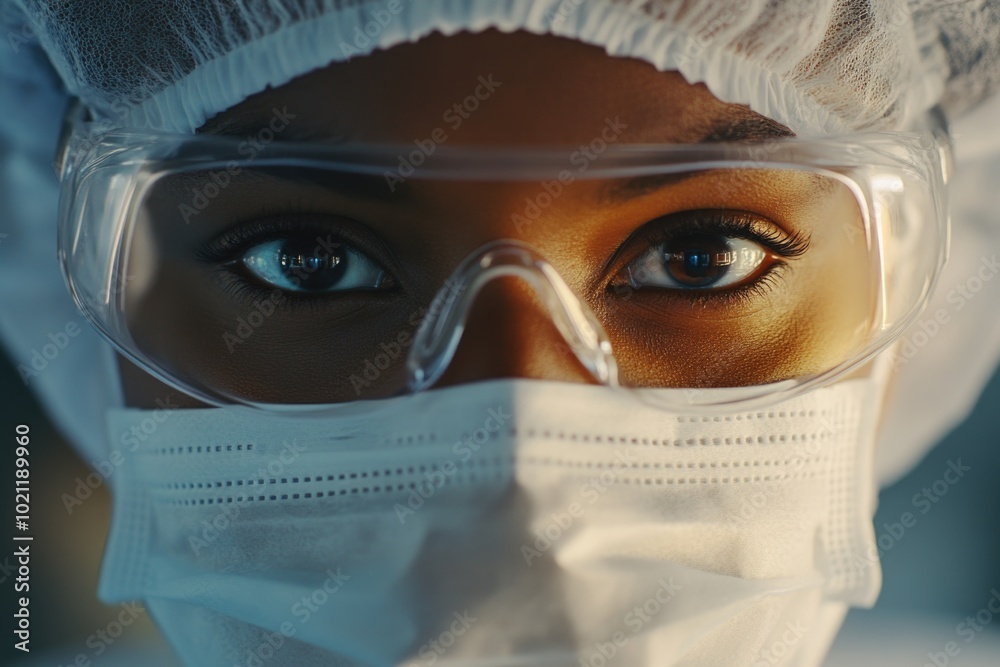 Aufkleber a close-up view of a person's face wearing a mask and goggles, ideal for representing anonymity or p